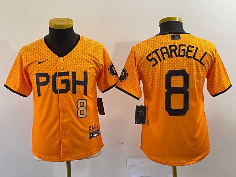 Youth Pittsburgh Pirates #8 Willie Stargell Number Yellow 2023 City Connect Stitched Jersey1